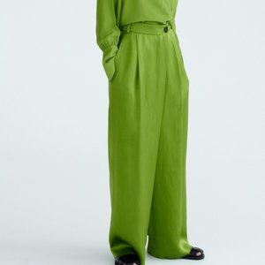 Zara Satin Green Wrap Wide Leg Pants